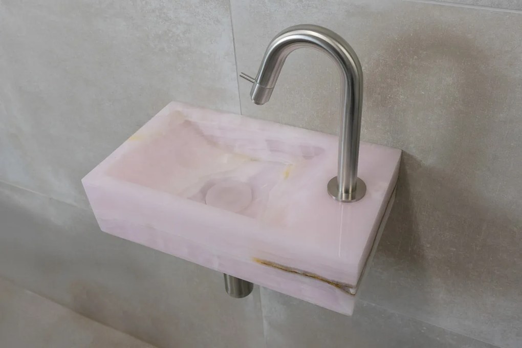 Saniclear Pink Onyx fonteinset met gebogen kraan in RVS