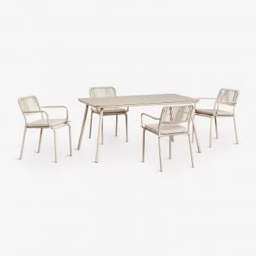 Rechthoekige Eettafelset 160x90 Cm Met 4 Stapelbare Eetkamerstoelen Van Gevlochten Touw Arhiza Tapioca Beige - Sklum