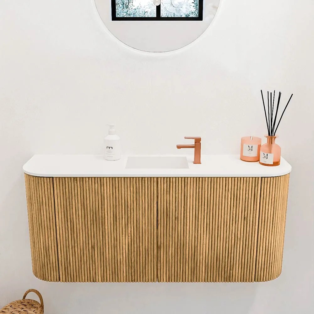 Mondiaz Joya 95cm toiletmeubel ronding links/rechts oak met wastafel faye midden 1 kraangat talc
