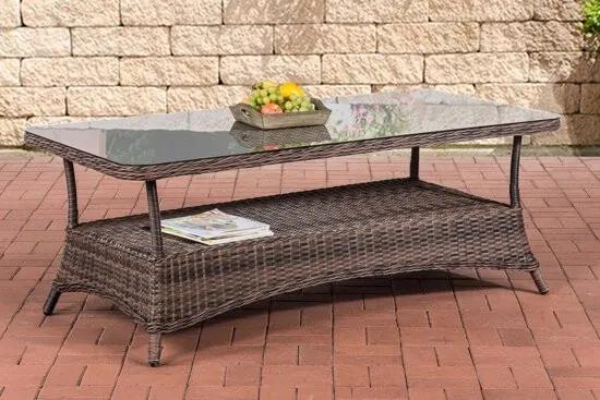 Design outdoor lounge tafel PANDORA hoogte 60 cm 5 mm rotan vlechtwerk ALU frame met opbergruimte glazen tafelblad - bruin gemeleerd 160 x 80 cm
