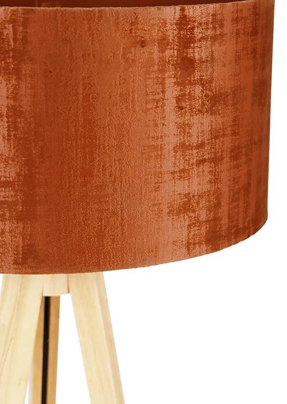 Vloerlamp hout met stoffen kap oranje 50 cm - Tripod Classic Landelijk E27 rond Binnenverlichting Lamp