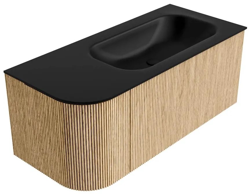 Mondiaz Kurve 105cm badmeubel ronding links oak met 1 lade en deur en wastafel big small rechts zonder kraangat urban
