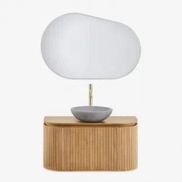 Conjunto Vaniteitmeubel 90x40 Cm Zwevend In Mangohout Analis Mangohout & Rond Grijs Cement Ø40 Cm Tarsis & Ovaal Led En Anticondens 100x80 Cm Riben -
