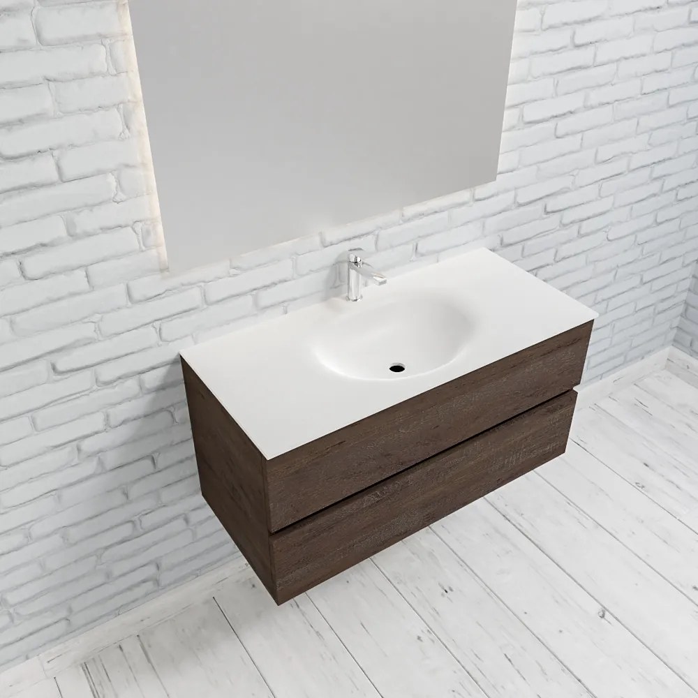 Zaro Sevilla Solid Surface badmeubel 100cm donker eiken 1 kraangat spoelbak midden met 2 lades