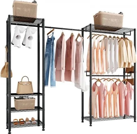 VEVOR Kledingrek met 4 kledingstangen en een draagvermogen van 363 kg, 6 planken en 8 haken, open kledingkast voor slaapkamer, kledingwinkel, garderobe, hal, zwart