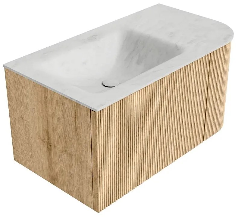 Mondiaz Kurve-dlux 85cm badmeubel ronding rechts oak met 1 lade en deur en wastafel cloud links zonder kraangat opalo