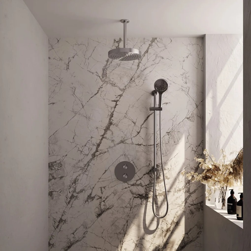 Brauer Stripe inbouw regendouche rond met 25cm hoofddouche, rond met plafondarm, glijstang en 3 standen handdouche set 48 RVS geborsteld PVD