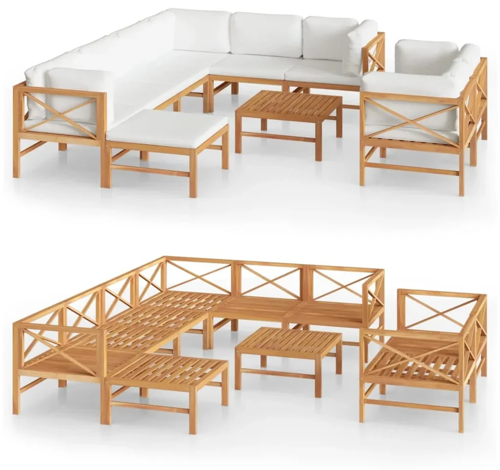 vidaXL 10-delige Loungeset met crèmekleurige kussens massief teakhout