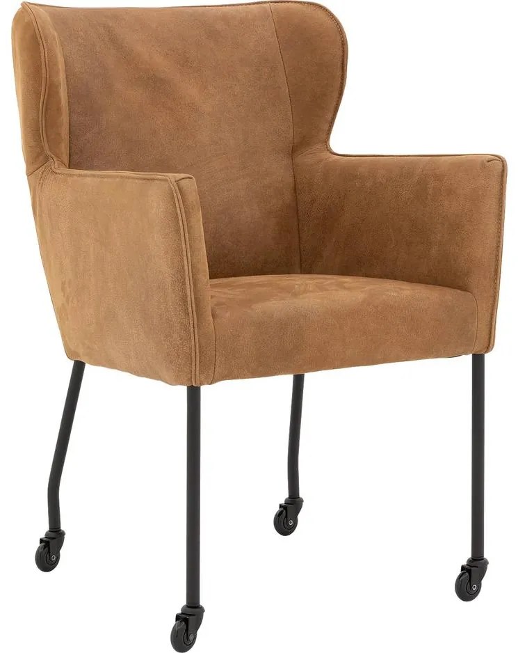 Goossens Excellent Eetkamerstoel Leogang donkerbruin leer met armleuning en Zwart skater wiel met zwarte kapmet wielen, elegant chic