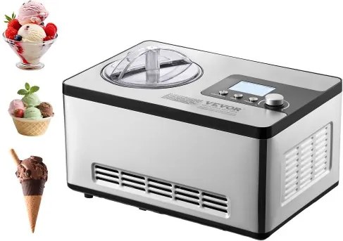 VEVOR Compressor IJsmachine 2L, 180W Bevroren Yoghurtmachine IJsmachine 3 Standen Yoghurtmachine Huishoudelijk, Draagbare IJsmachine Sorbet Gelato Laag Geluidsniveau Zilver Elektrisch