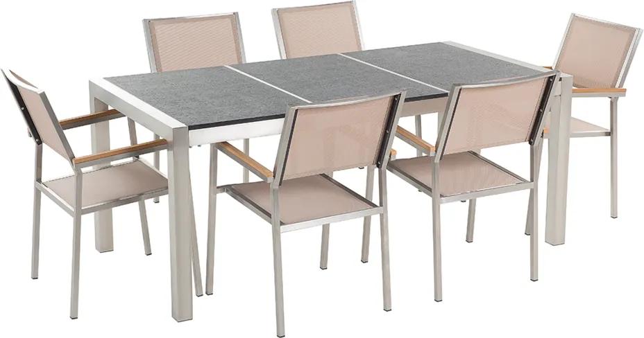 Tuinset gebrand graniet/RVS zwart driedelig tafelblad 180 x 90 cm met 6 stoelen beige GROSSETO