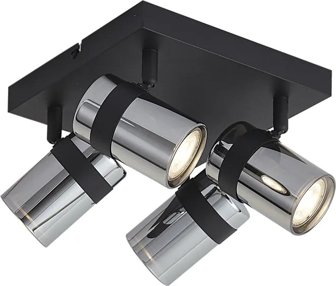 Plafondspot zwart met smoke glas 4-lichts draai- en kantelbaar - Gianni
