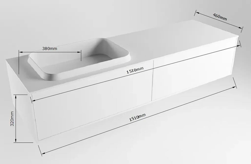 Mondiaz Erin 150cm badmeubel Carrara met 2 lades en donkergrijze wastafel links zonder kraangaten
