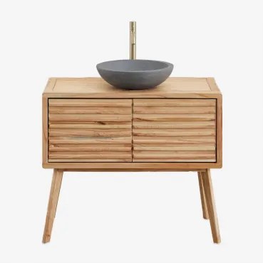 Badkamermeubelset 90x45 Cm In Hout Deleyna Natuurlijk Hout & Rond Grijs Cement Ø40 Cm Tarsis & Spiegelloze & Geborsteld Goud ↑30 Cm Met Aftapkraan Zon