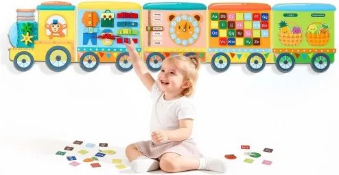 VEVOR Montessori Busy Board 14-in-1 Opvouwbaar Muurbord met Treinthema, Activiteitenbord voor Educatie & Vroege Ontwikkeling van Kinderen, Viltstof, met Letters, Fruit, Groenten, Klok & Leerelementen