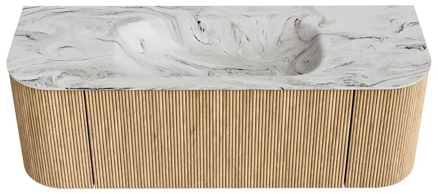 Mondiaz Kurve-dlux 130cm badmeubel ronding links/rechts oak met 1 lade en 2 deuren en wastafel big small midden 1 kraangat glace