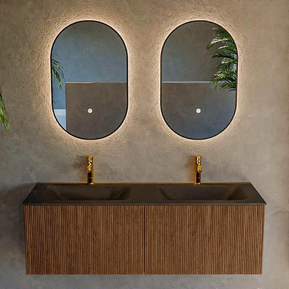 Mondiaz Kurve 130cm badmeubel walnut met 2 lades en wastafel cloud dubbel 2 kraangaten urban