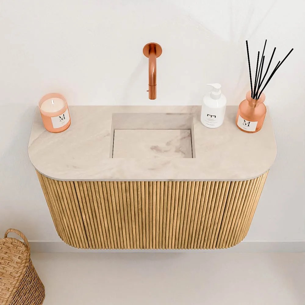 Mondiaz Joya DLux 65cm toiletmeubel ronding links/rechts oak met wastafel faye midden zonder kraangat frappe