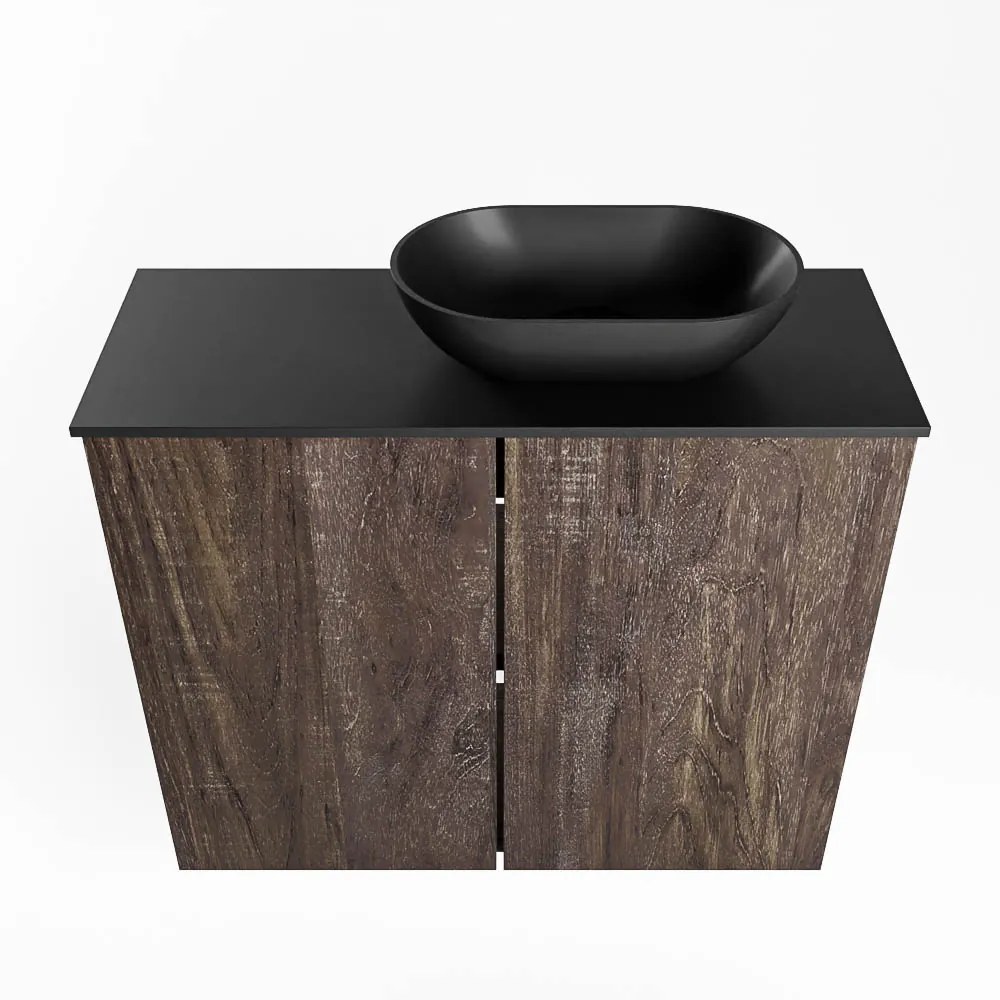 Mondiaz Fowy toiletmeubel 60cm dark brown met zwarte waskom rechts zonder kraangat