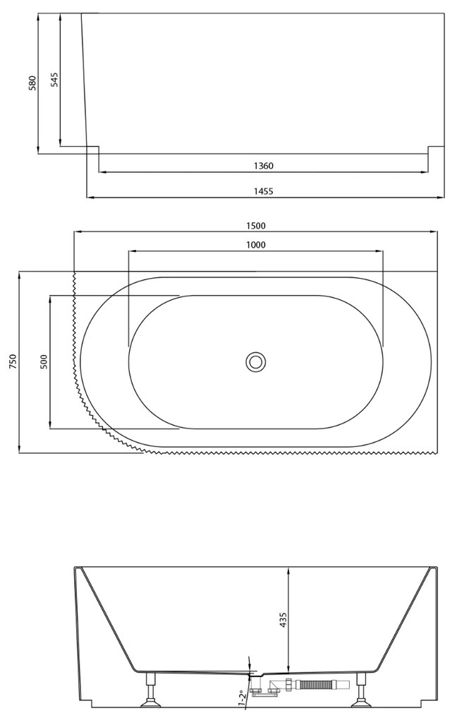 Aqualine Tibera hoekbad rechts met ribbel 150x75cm wit