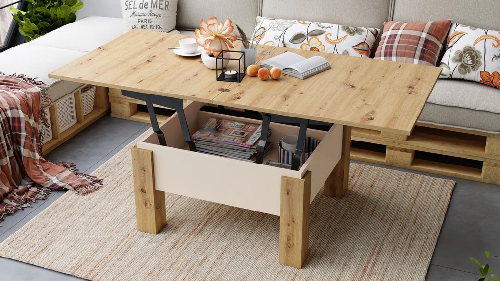 Mazzoni OSLO eiken artisan / beige, uitklapbare salontafel met in hoogte verstelbaar blad