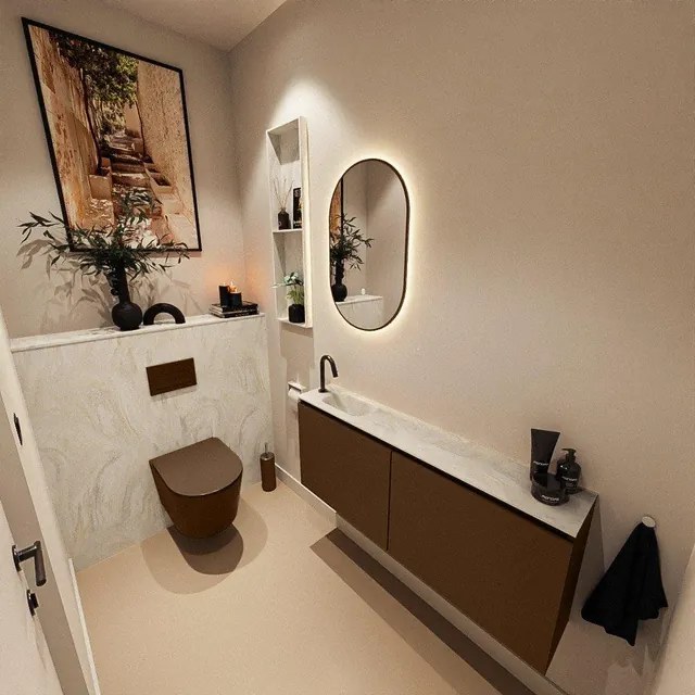 MONDIAZ TURE-DLUX 120cm toiletmeubel Rust. EDEN wastafel Ostra positie links. Met 1 kraangat. TUREDX120RUSL1OST