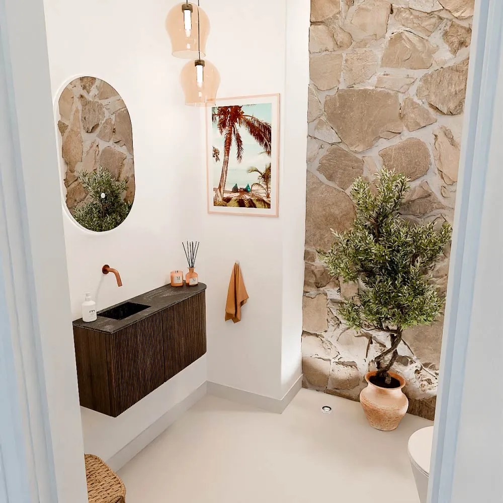 Mondiaz Joya DLux 80cm toiletmeubel ronding rechts walnut met wastafel faye links zonder kraangat lava