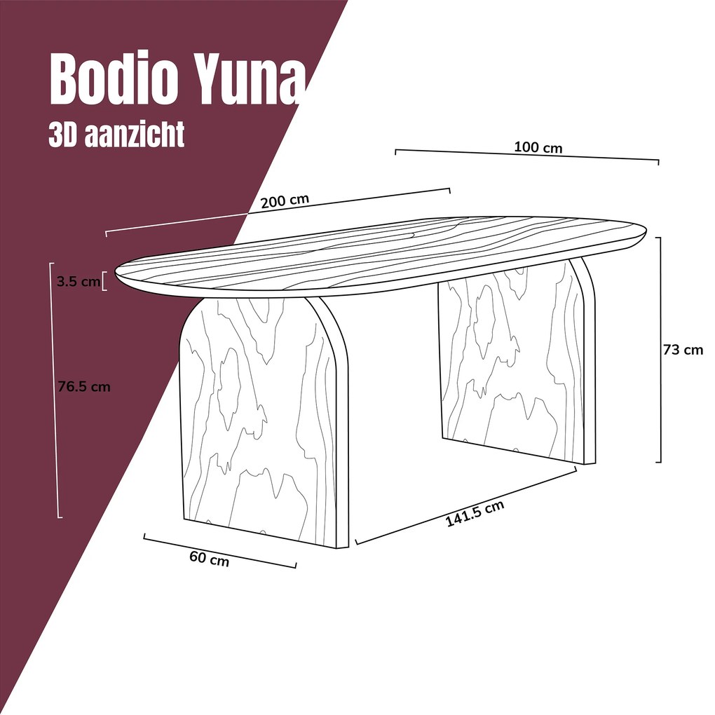 Japandi Eettafel Ronde Hoeken 200 Cm - 200 X 100cm.