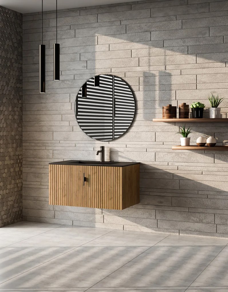 Muebles Raya badmeubel ribbelfront 80cm warm eiken met zwarte wastafel met kraangat