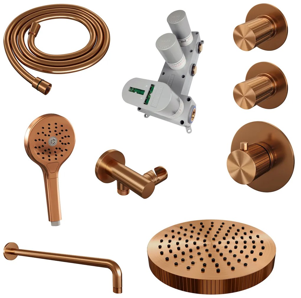 Brauer Stripe inbouw regendouche met 25cm hoofddouche, gebogen muurarm en 3 standen handdouche set 5 koper geborsteld PVD