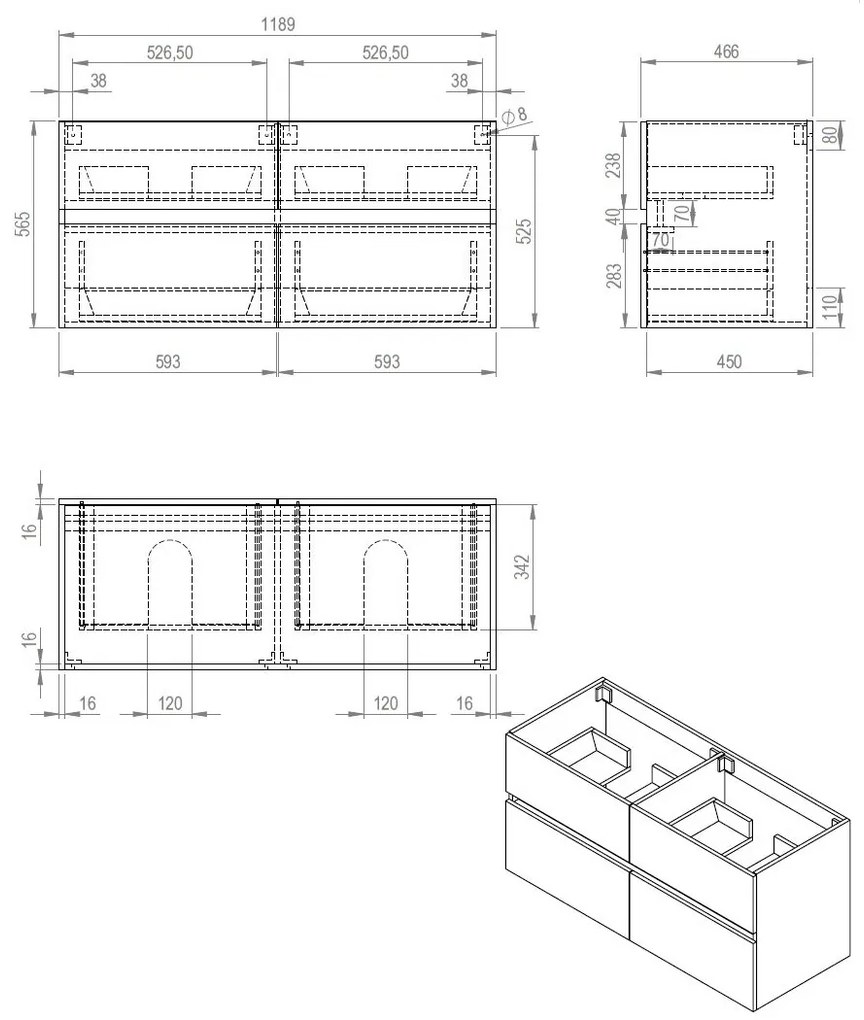 Best Design Bora 120cm greeploos badmeubel zonder wastafel wit