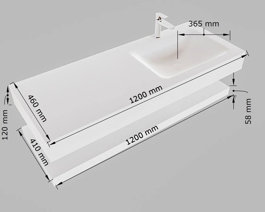 Mondiaz Alan DLux planchet 120cm met wastafel rechts zonder kraangat glace