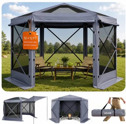 VEVOR Pop-up Paviljoen, 3,6 x 3,6 x 2,2 m, Grote 6-zijdige kampeertent met afneembaar dak en draagtas, feesttent, zonnescherm voor 8-10 personen, voor tuin, terras en patio