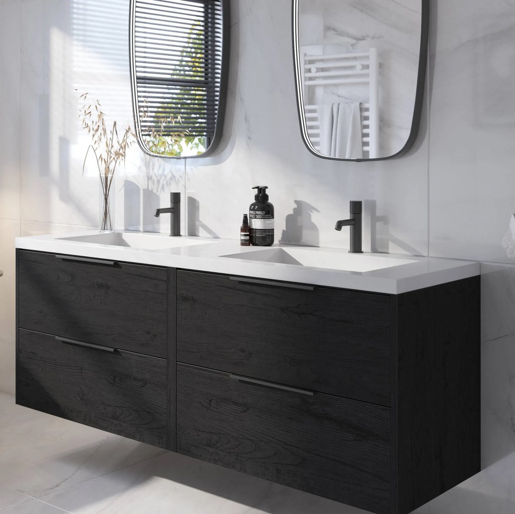 Saqu Lima badmeubel incl. dubbele glans witte wastafel 160x52x64cm eiken zwart – mat zwarte greep