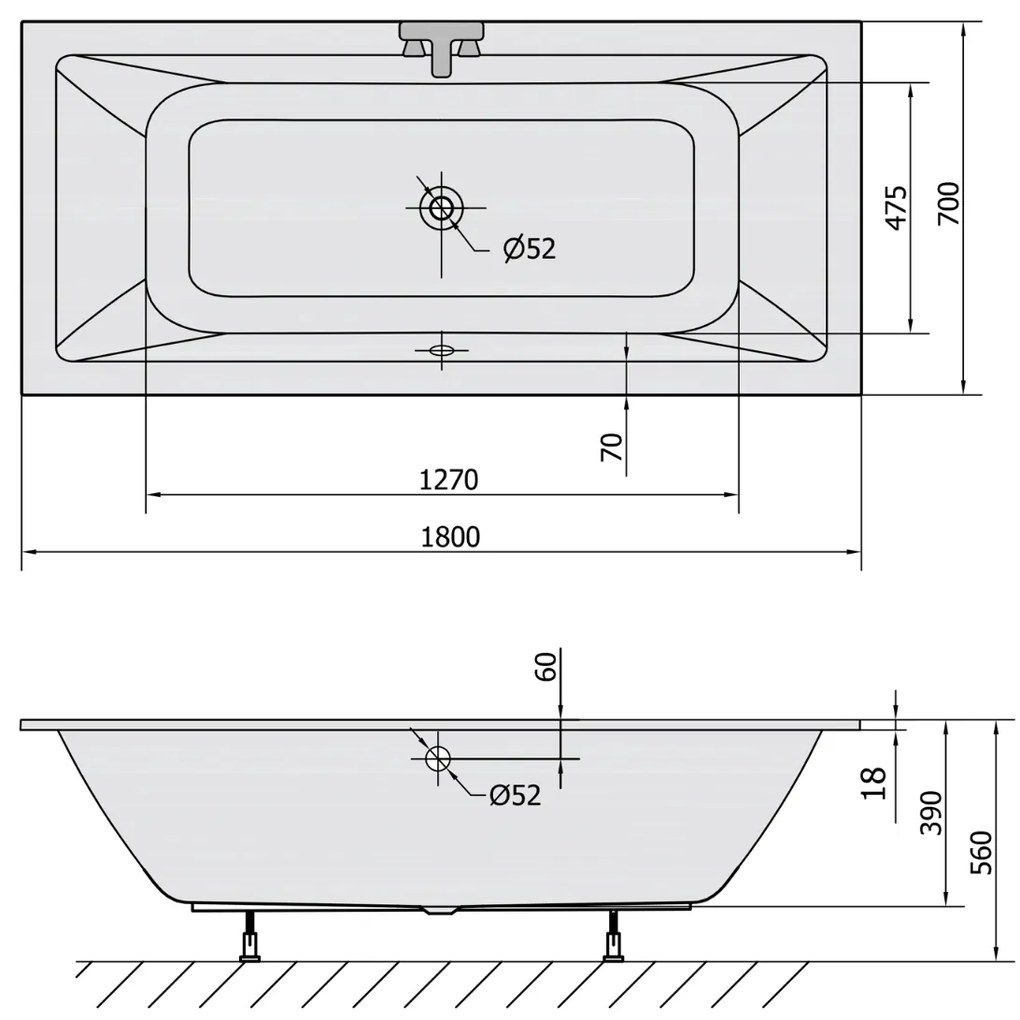 Polysan Krysta Slim ligbad 180x70x39cm wit glans