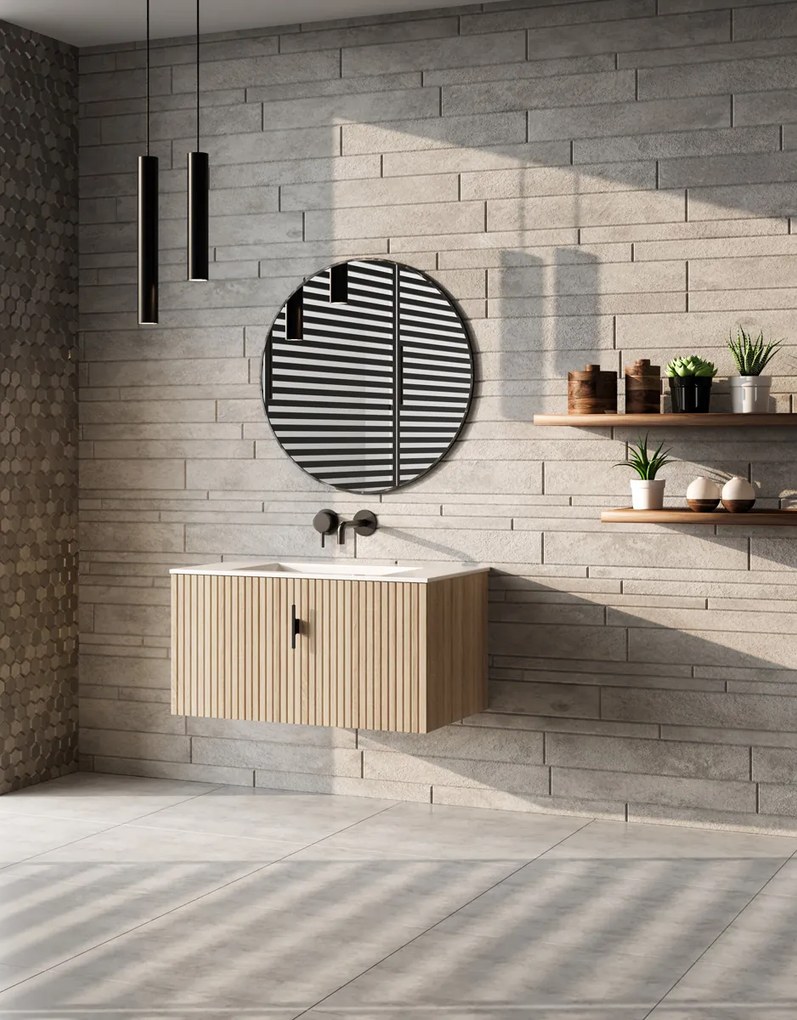 Muebles Raya badmeubel ribbelfront 80cm naturel eiken met witte wastafel zonder kraangat