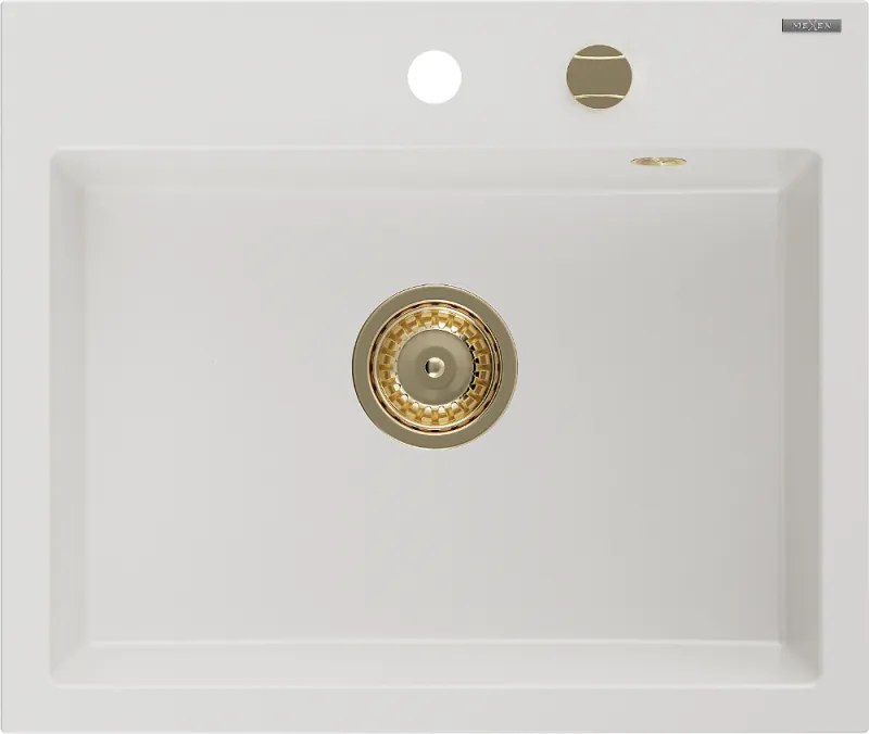 Mexen Oscar granieten gootsteen 1-kompartment 580 x 490 mm, wit, gouden sifon - 6519581000-20-G