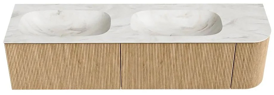 Mondiaz Kurve-dlux 175cm badmeubel ronding rechts oak met 2 lades en 1 deur en wastafel stor small dubbel/links 2 kraangaten ostra
