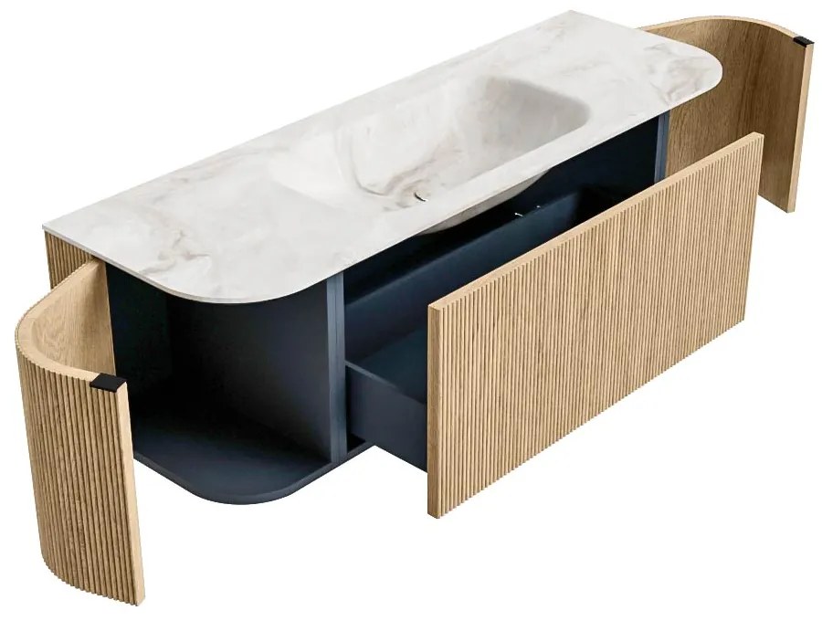 Mondiaz Kurve-dlux 140cm badmeubel ronding links/rechts oak met 1 lade en 2 deuren en wastafel big small midden zonder kraangat frappe