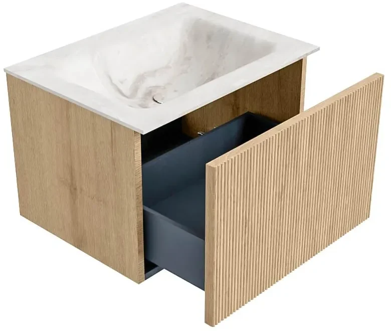 Mondiaz Kurve-dlux 60cm badmeubel oak met 1 lade en wastafel cloud midden zonder kraangat frappe