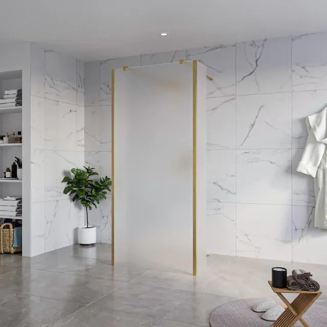 Fortifura Galeria Vrijstaande Inloopdouche - 90x200cm - Glas mat - antikalk - 8mm veiligheidsglas - 2 zijwanden 30cm - wandsteunen en hoekprofielen - Geborsteld Messing PVD (Goud) SW927770 2x/SW797929/SW797931 2x/SW798731 2x