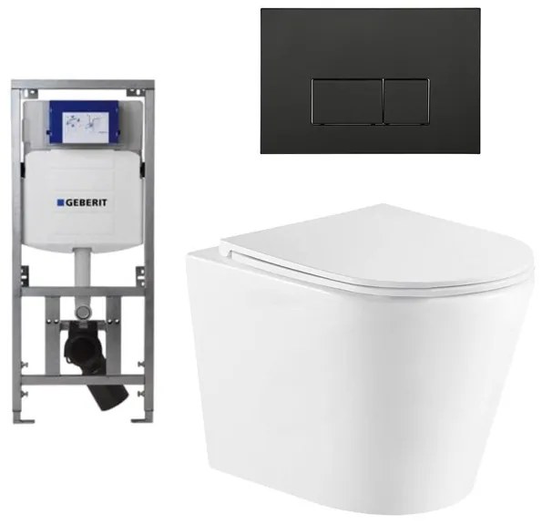 QeramiQ Dely Toiletset - 36.3x51.7cm - diepspoel - rimless - Geberit UP320 inbouwreservoir - softclose toiletzitting - mat zwarte bedieningsplaat - rechtehoekige knoppen - wit glans SW543431/0701131/SW706189