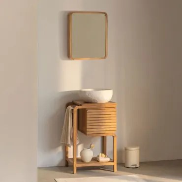 Bradley Teakhouten Badkamermeubelset Onregelmatige In Wit Cement ↔︎40 Cm Fedro & Rechthoekig Met Afgeronde Hoeken En Opbergruimte - Sklum