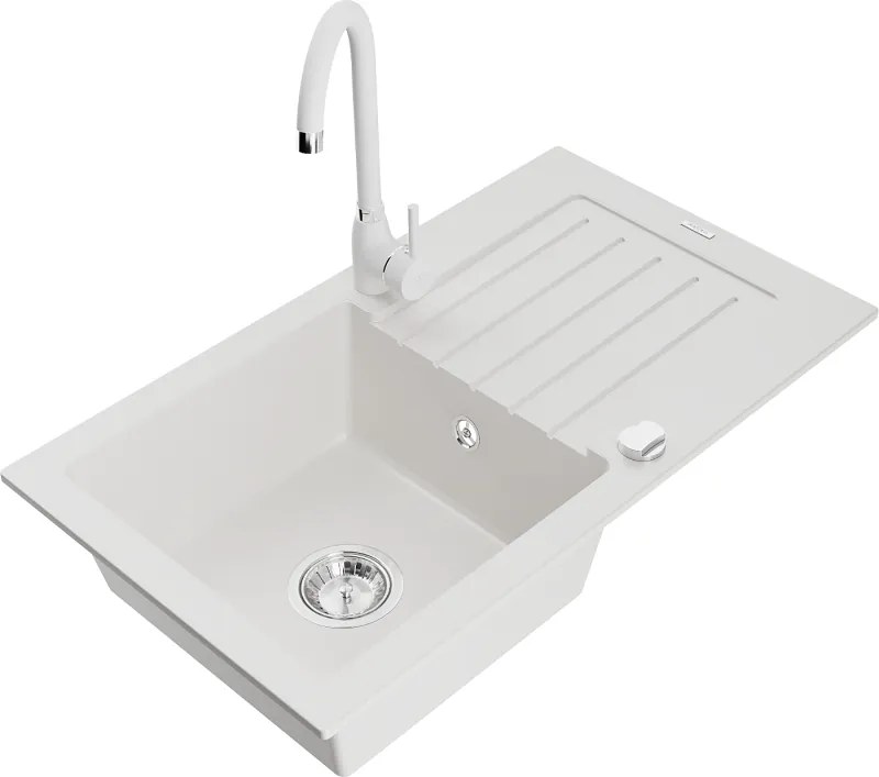Mexen Pablo granieten spoelbak 1-komor met afdruiprek en keukenmengkraan Telma, wit - 6510-20-670200-20