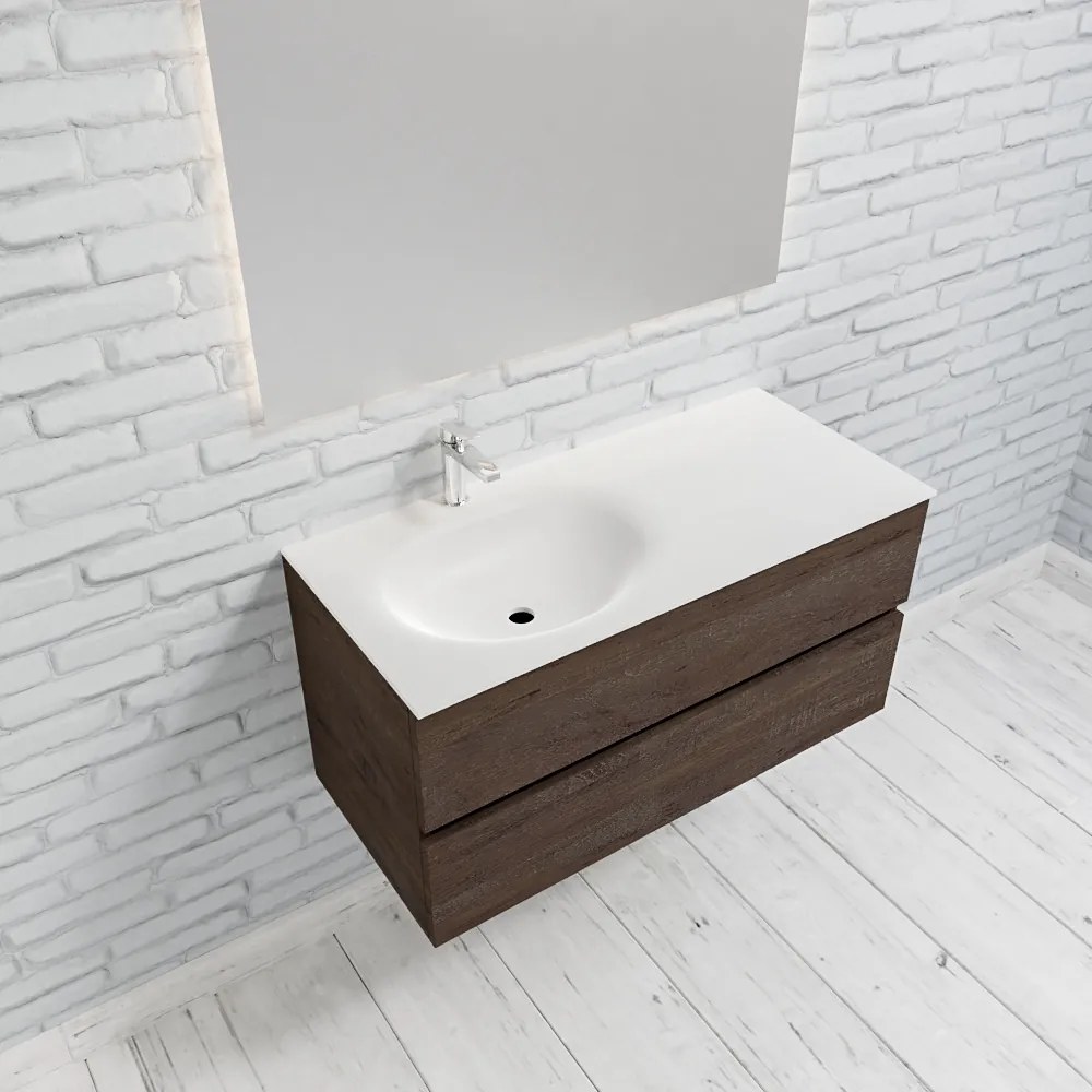 Zaro Sevilla Solid Surface badmeubel 100cm donker eiken 1 kraangat spoelbak links met 2 lades