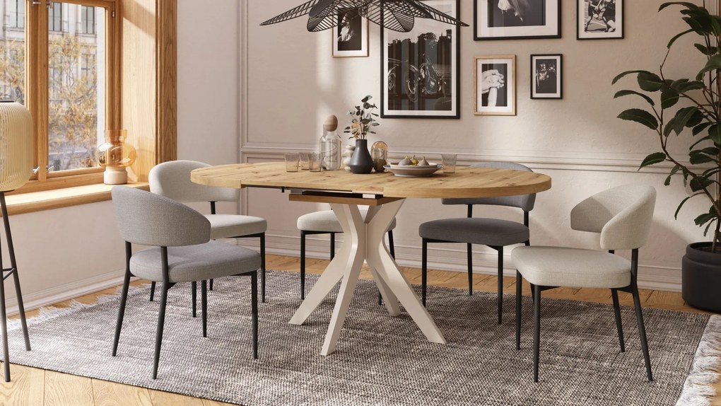 RENZO Artisan Eiken/beige poot (Champagne) - RONDE TAFEL Ø110 UITKLAPBAAR TOT 180 cm |VOOR DE KEUKEN EETKAMER WOONKAMER RETRO