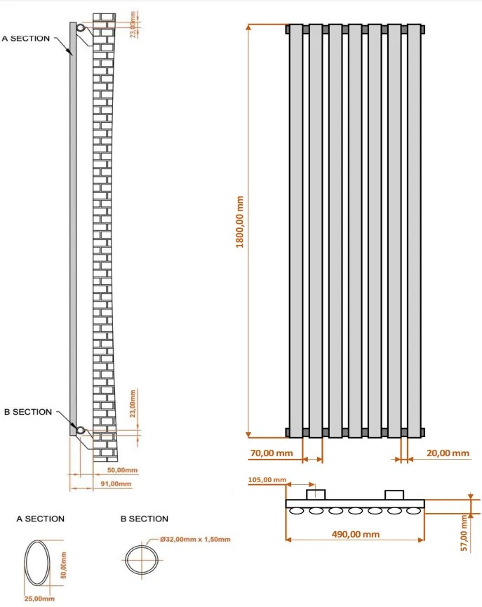 Eastbrook Tunstall radiator 50x180cm 1099W antraciet