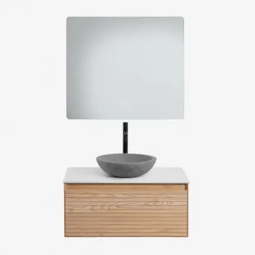 Tedrik Zwevend Badkamermeubelset Van Essenhout Ash Brown & Rond Grijs Cement Ø40 Cm Tarsis & Rechthoekige Led En Anticondens 80x70 Cm - Sklum