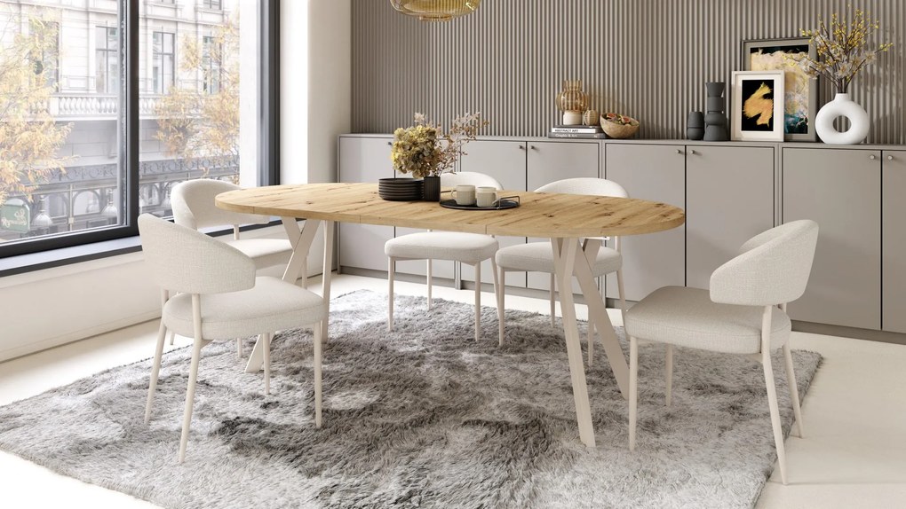 IRIS Beige (stof Basel 24) / beige onderstel – MODERNE GESTOFFEERDE STOEL VOOR WOONKAMER / EETKAMER IN BOHO-STIJL
