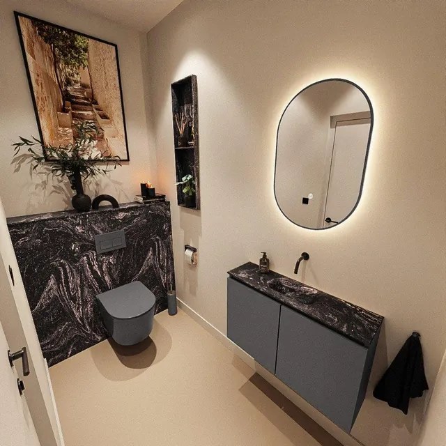 MONDIAZ TURE-DLUX 80cm toiletmeubel Dark Grey. EDEN wastafel Lava positie midden. Zonder kraangat. TUREDX80DGRM0LAV